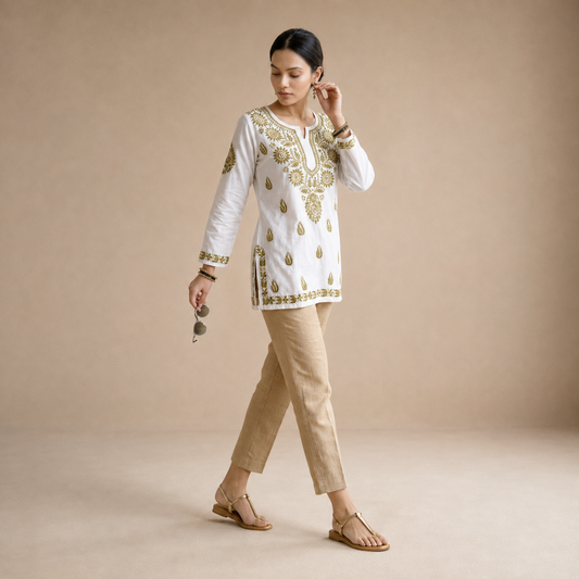 Hand Embroidered Chikankari White N Green Cotton Women Short Kurti