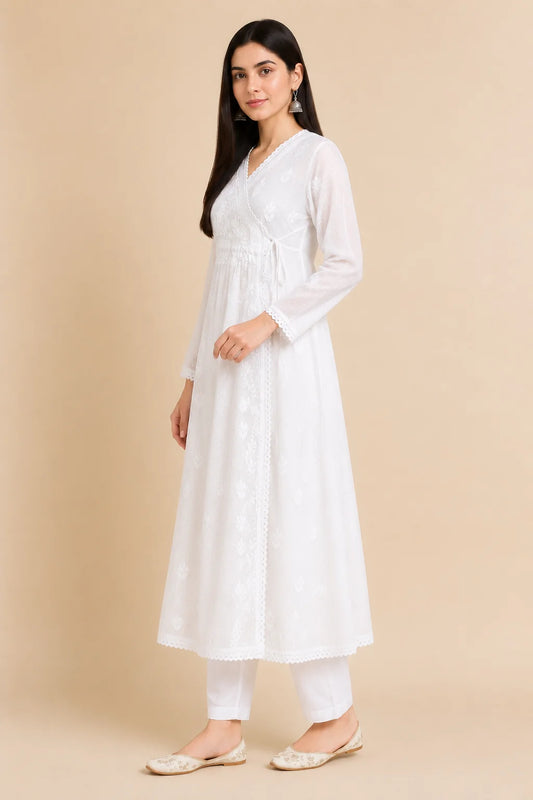 Hand Embroidered Chikankari Women Angrakha Kurta