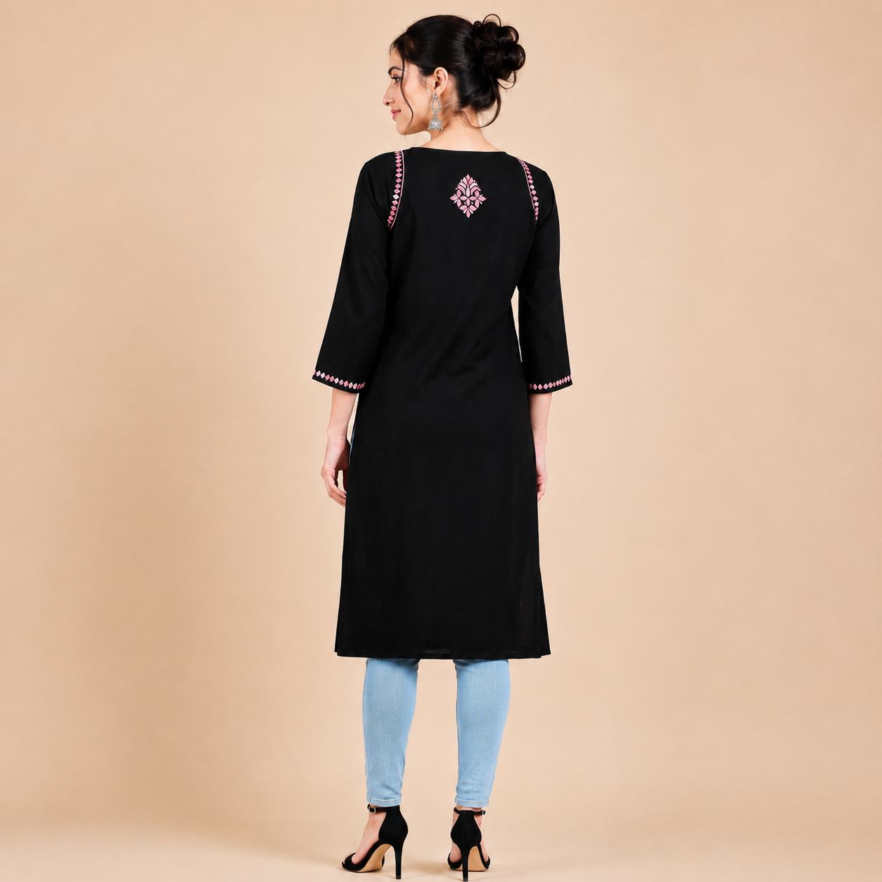 Hand Embroidered Chikankari Black Rayon Women Kurta