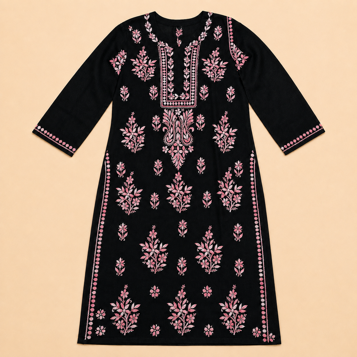 Hand Embroidered Chikankari Black Rayon Women Kurta