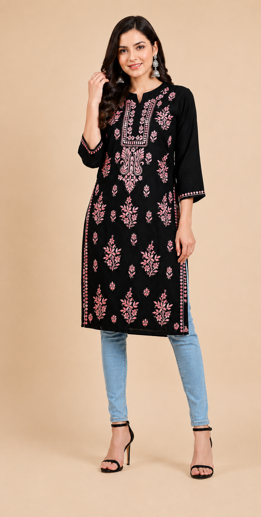 Hand Embroidered Chikankari Black Rayon Women Kurta