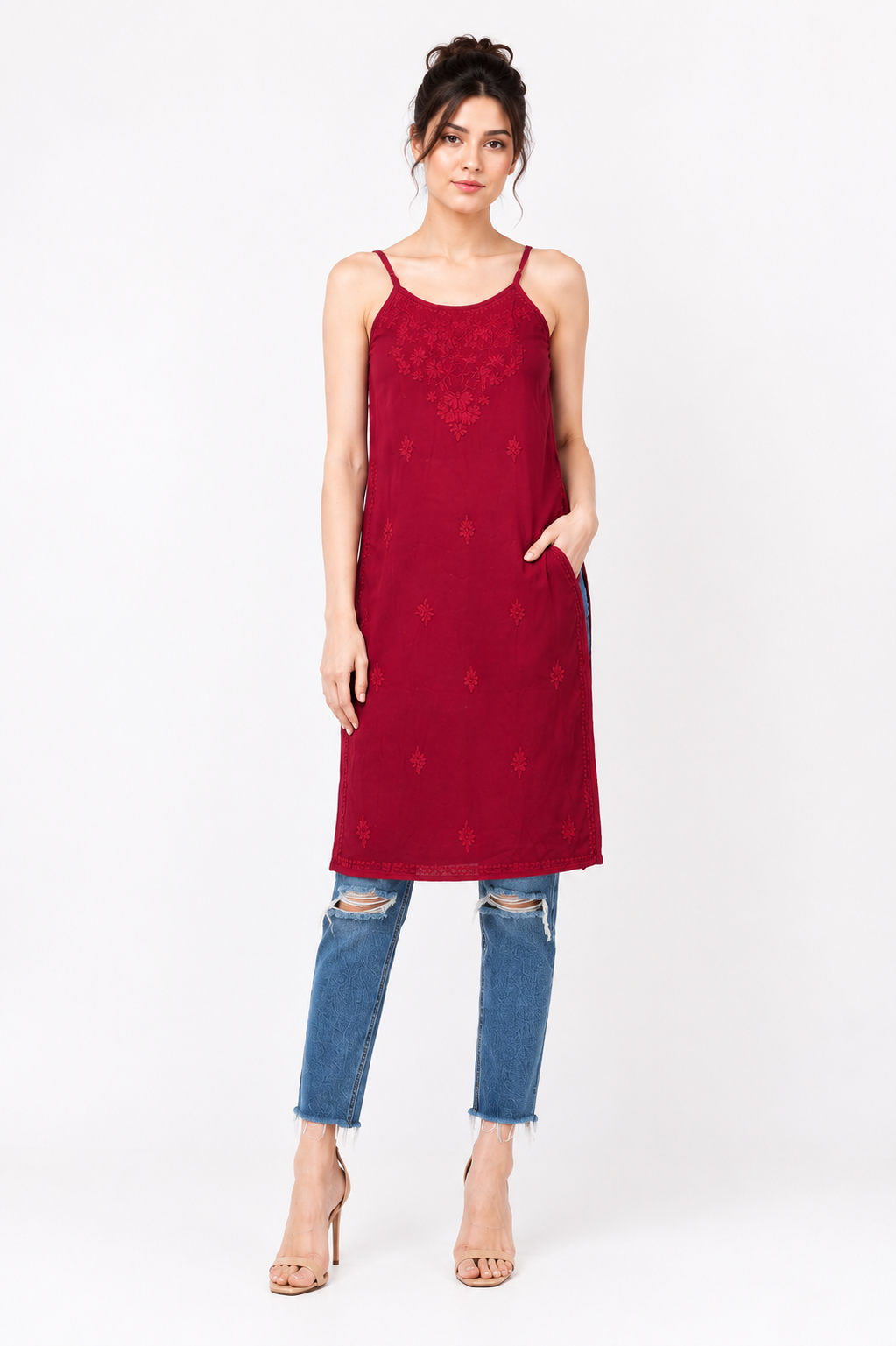 Hand Embroidered Chikankari Rayon Noodle Strap Women Long Kurta