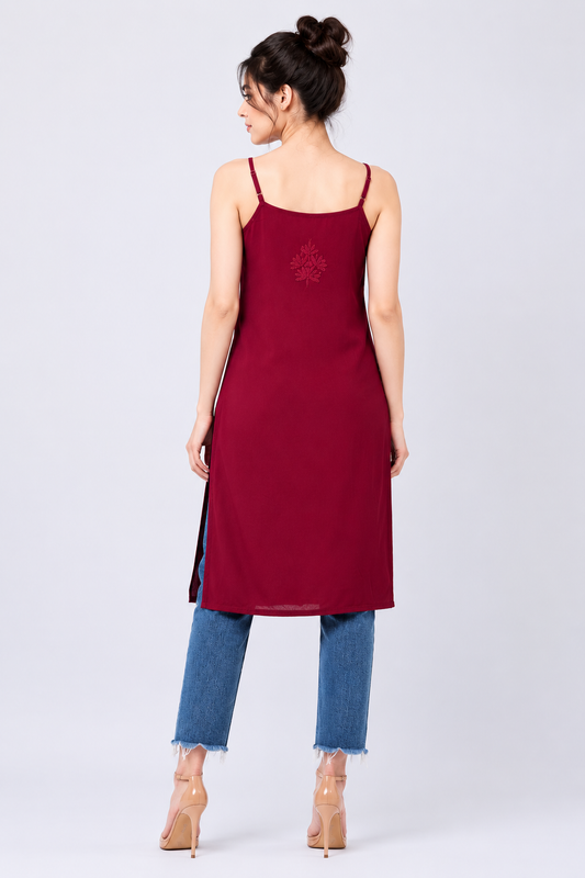Hand Embroidered Chikankari Rayon Noodle Strap Women Long Kurta