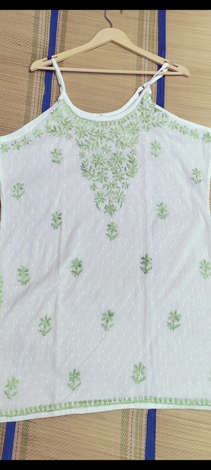 Hand EmbroideredWhite Cotton Chikankari Noodle strap Women Short Kurti