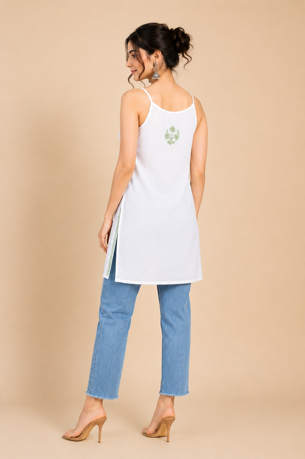 Hand EmbroideredWhite Cotton Chikankari Noodle strap Women Short Kurti