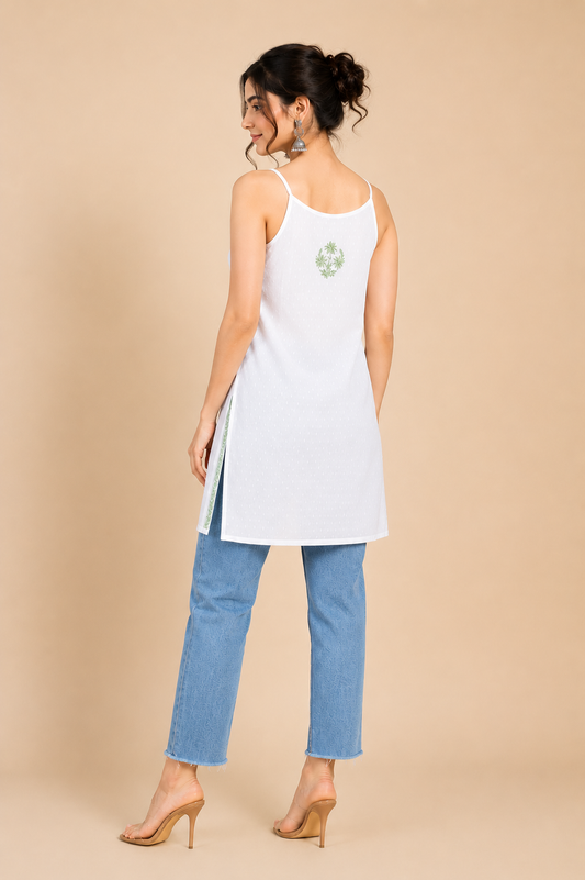 Hand EmbroideredWhite Cotton Chikankari Noodle strap Women Short Kurti
