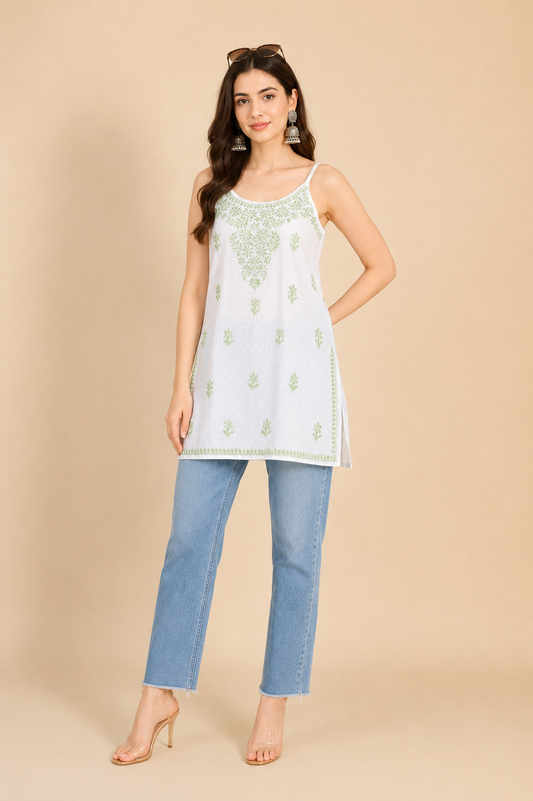Hand EmbroideredWhite Cotton Chikankari Noodle strap Women Short Kurti