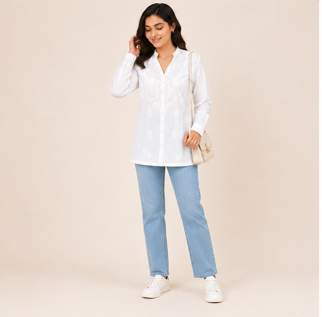 Hand Embroidered White Cotton Women Chikankari Shirt
