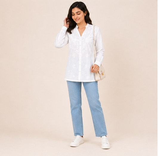 Hand Embroidered White Cotton Women Chikankari Shirt