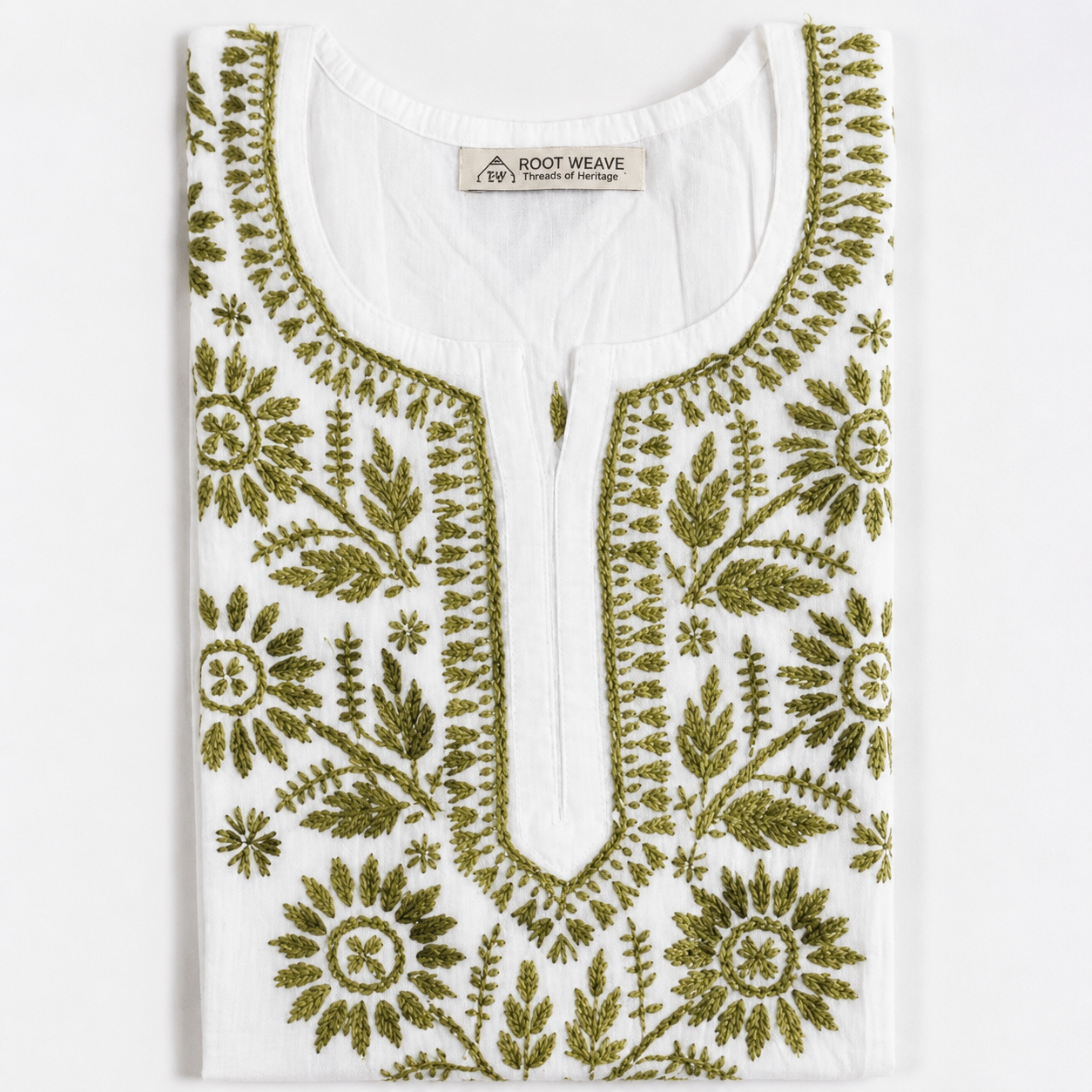 Hand Embroidered Chikankari White N Green Cotton Women Short Kurti