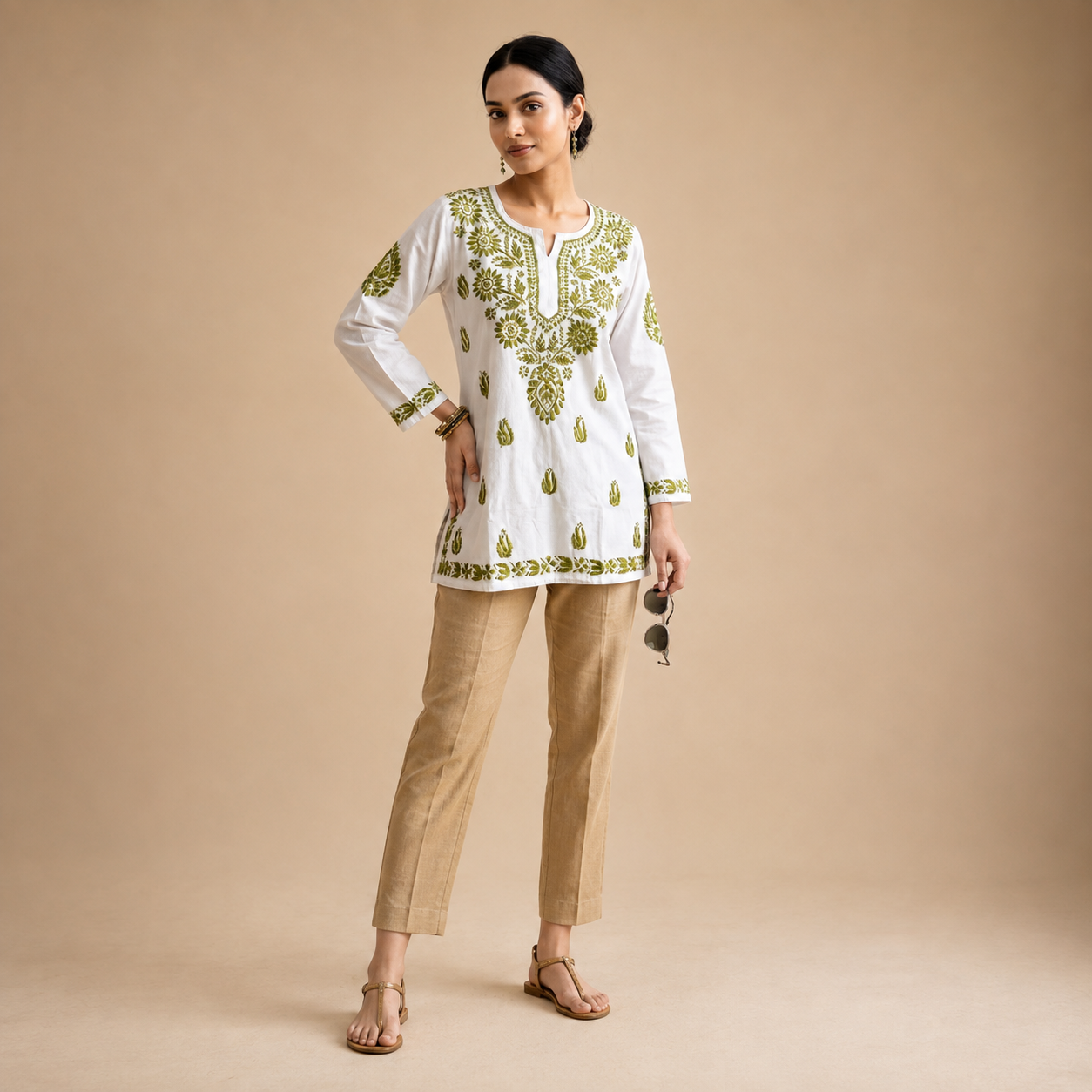 Hand Embroidered Chikankari White N Green Cotton Women Short Kurti