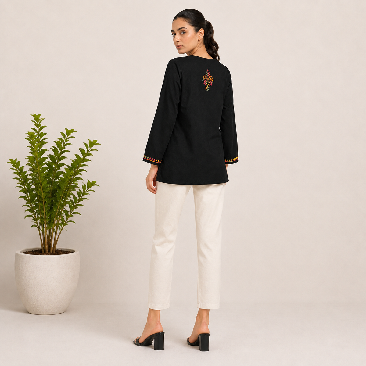 Hand Embroidered Chikankari  Black Multicolour Cotton Women Short Kurti