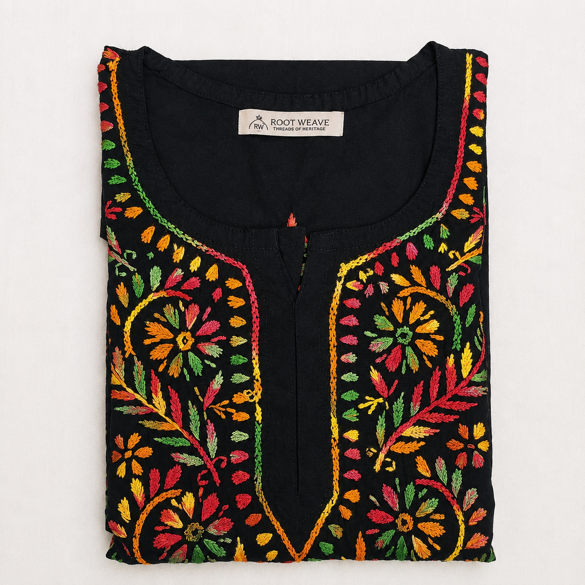 Hand Embroidered Chikankari  Black Multicolour Cotton Women Short Kurti