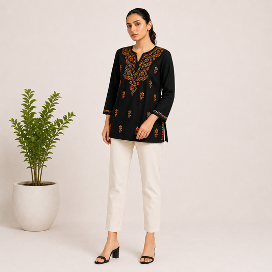 Hand Embroidered Chikankari  Black Multicolour Cotton Women Short Kurti