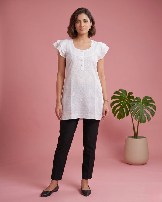 Hand Embroidered Butterfly Chikankari White Mul Cotton Women Short Kurti