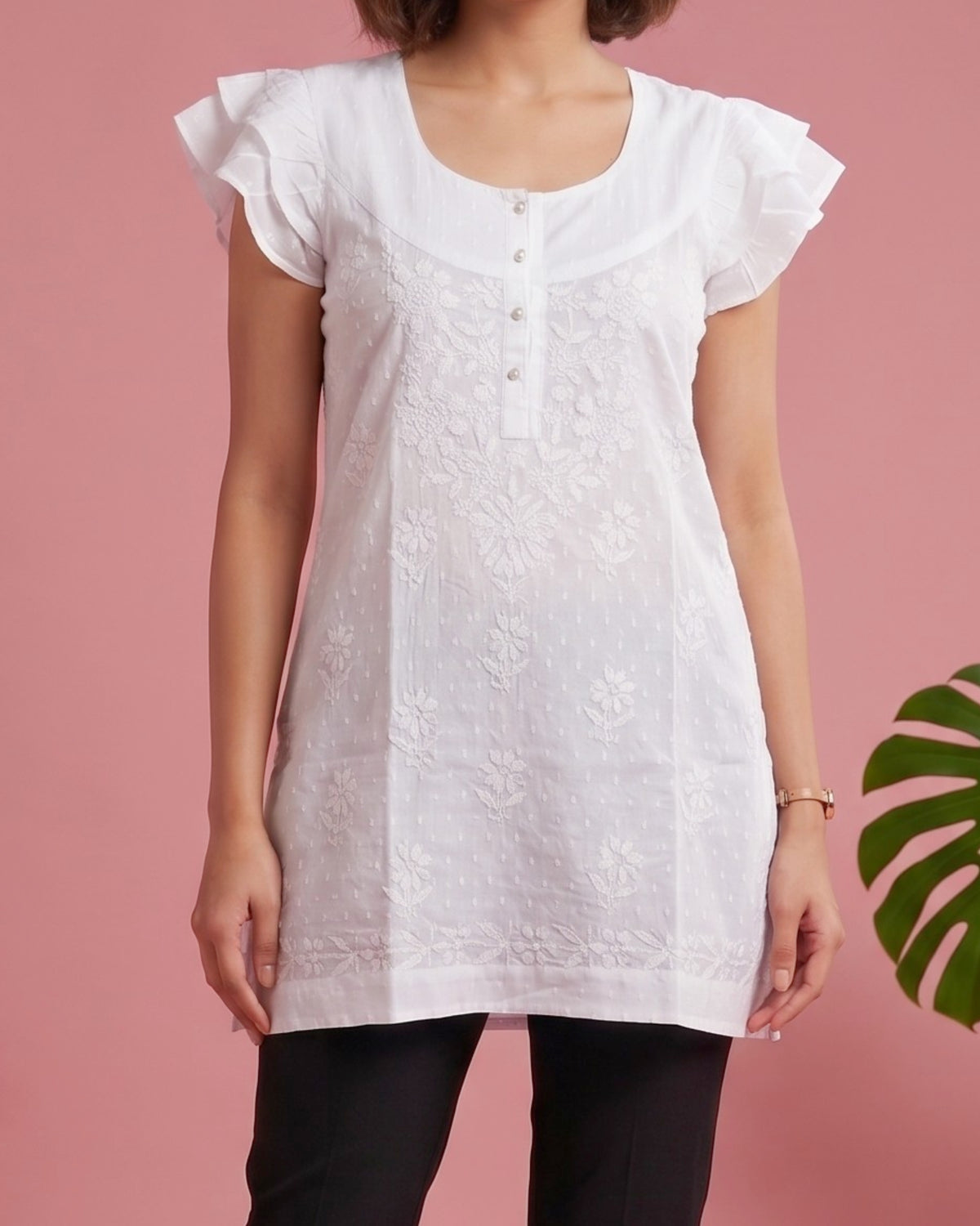 Hand Embroidered Butterfly Chikankari White Mul Cotton Women Short Kurti