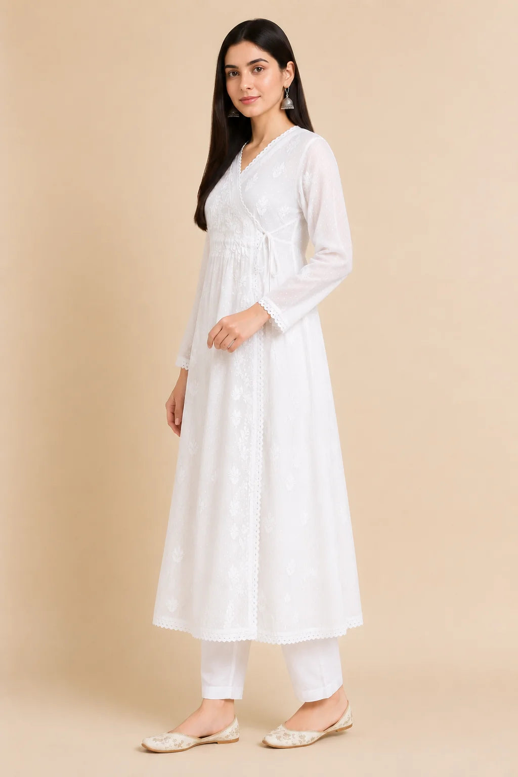 Hand Embroidered Chikankari Women Angrakha Kurta