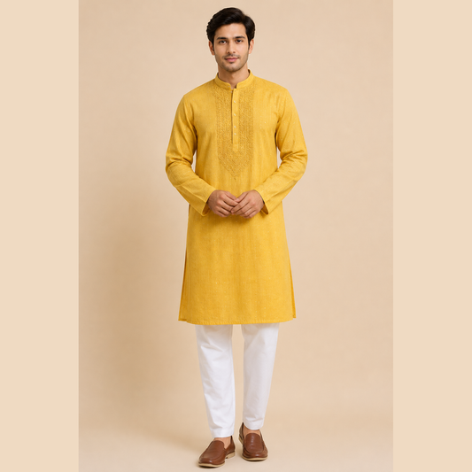 Chikankari Machine Embroidered Men Kurta