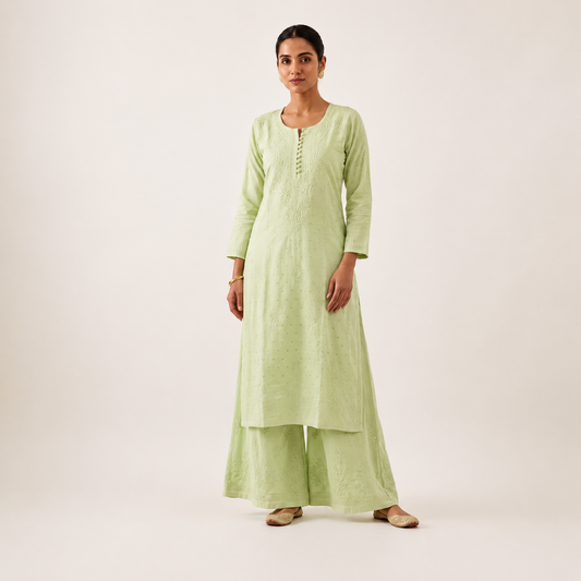 Hand Embroidered Chanderi Zari Kurta Palazzzo Set