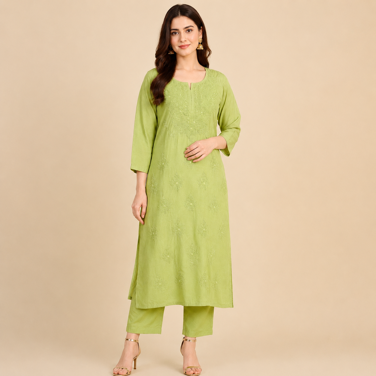 Chikankari Machine Embroidered Chanderi Kurta Pant set
