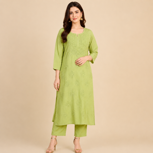 Chikankari Machine Embroidered Chanderi Kurta Pant set