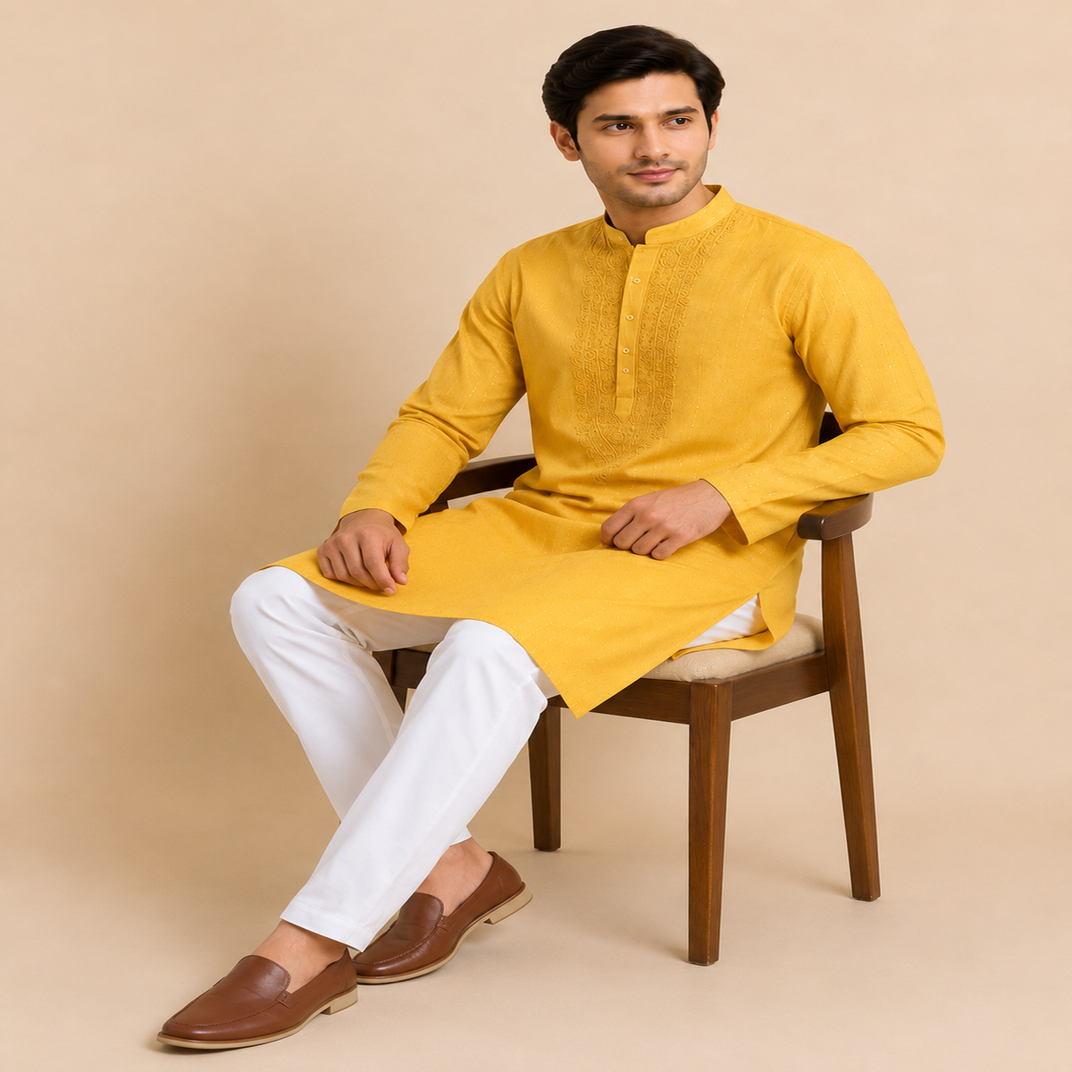Chikankari Machine Embroidered Men Kurta